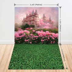 pink flowers in front of a castle with green grass and wood flooring on the wall