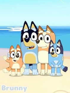 an animated dog family standing on the beach