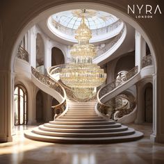 an elegant staircase with chandelier in the middle