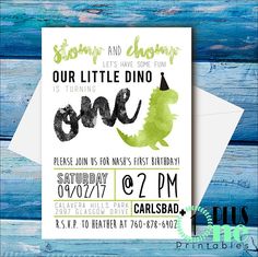 a dinosaur birthday party card with the words,'our little dino is turning one '