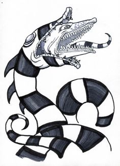 a black and white drawing of a crocodile with its mouth open, in the shape of a candy cane