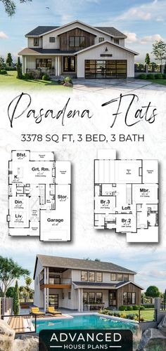 two story house plan with 3 beds and 2 baths in the front, an open floor plan