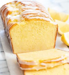 a loaf of lemon pound cake sitting on top of a table