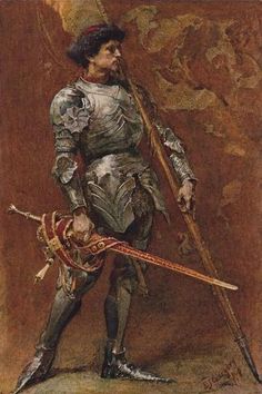 a painting of a man in armor holding two swords