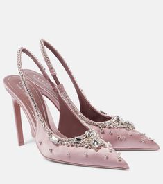 Crystal-embellished satin slingback pumps in pink - Gucci | Mytheresa Feminine Shoes, Gucci Heels, Mother Of Bride Outfits, Angel Outfit, Pink High Heels, Shoes Gucci, N Shoes, Rhinestone Shoes