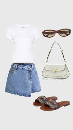 a woman in white shirt and denim skirt with sunglasses on her head, shoes and handbag