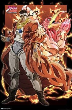 an anime character is standing next to another character in front of fire and flames