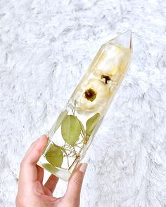 a hand holding a glass vase with flowers in it on a white surface, next to a plant