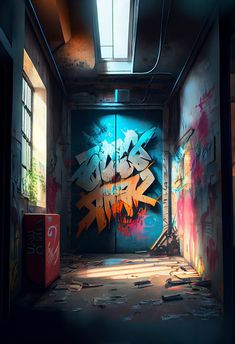 an empty room with graffiti on the walls