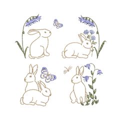 three rabbits with flowers and butterflies in the background