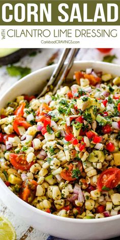 corn salad with cilantro lime dressing in a white bowl