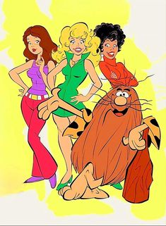 three cartoon characters standing next to each other in front of a yellow background with an orange cat