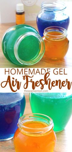 homemade gel air freshener in jars on a table with text overlay that reads homemade gel air freshener