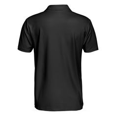 the back of a black polo shirt with an embroidered logo on the chest and collar