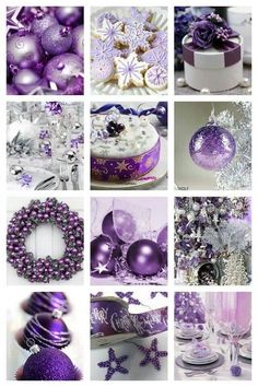 purple and silver christmas decorations are featured in this collage