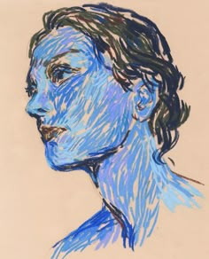 a drawing of a woman's face with blue paint on her body and hair