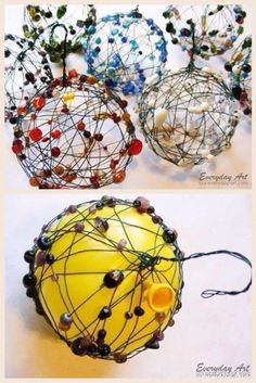 three different types of wire balls with beads on the top and bottom, one is yellow