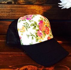 NEW white floral women's trucker hat. SnapBack one by ArieBdesigns Spring Trucker Hat, One Size Fits Most, Trendy Black Trucker Hat As Gift, Summer Snapback Hat As A Gift, Snapback Trucker Hat As Gift, Trendy Black Snapback Hat As Gift, Casual Flat Bill Hat Gift, Spring Adjustable Trucker Hat, Black Curved Brim Trucker Hat Gift, Curved Brim Snapback Hat As Summer Gift