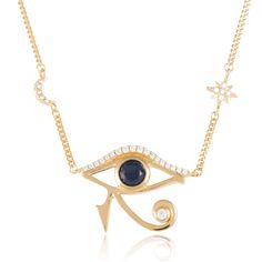 Embrace the power of ancient symbolism with our Eye of Horus Necklace, one of the most influential symbols from ancient times. The Eye of Horus represents protection, health, and restoration, making it a powerful talisman for everyday wear. This necklace features the Eye of Horus on a curb chain, complemented by a crescent moon and star charm, adding a touch of celestial elegance. Perfect for those seeking meaningful jewellery with deep meaning, the Eye of Horus Necklace offers both style and sy Horus Necklace, Eye Of Horus Necklace, The Eye Of Horus, Crescent Moon And Star, September Birthstone Jewelry, Cuff Watch, Eye Of Horus, Deep Meaning, Zodiac Jewelry