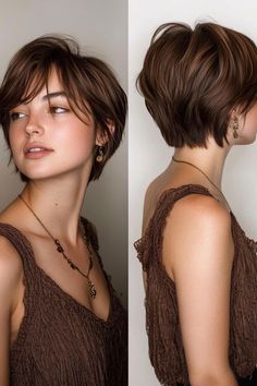 Blunt Bob A sharp, even bob cut at chin or shoulder length for a sleek and modern look. Layered Lob (Long Bob)  A shoulder-length cut with soft layers for volume and movement. Shag Cut  A choppy, layered style with lots of texture, often combined with curtain bangs. Pixie Cut Short and bold, this timeless haircut adds definition and frames the face beautifully. Curtain Bangs with Layers Bangs parted in the center with soft, face-framing layers for a trendy, relaxed vibe. Wolf Cut A mix of a mullet and shag, with choppy layers and volume on top while tapering at the ends. Pixie Side Swept Bangs, Short Layered Bob With Side Swept Bangs, Textured Bob With Side Swept Bangs, Reverse Bob With Bangs, Side Swept Pixie Haircut, Short Haircut Side Part, Side Swept Pixie, Short Haircuts With Layers, Style Side Swept Bangs