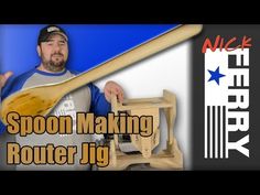 a man holding a wooden spoon making router jig in front of a blue background