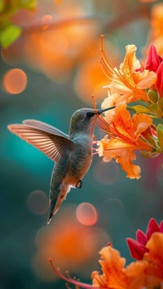 a hummingbird hovering over flowers with blurry lights in the backgrounnd