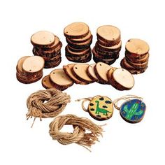 several pieces of wood, rope and buttons on a white background with an image of a cactus