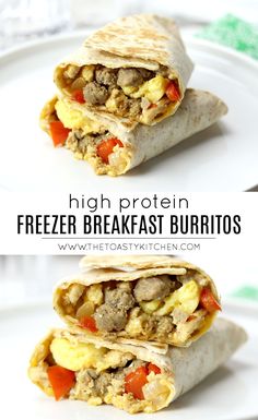 two breakfast burritos on a white plate with the words high protein freezer breakfast burritos