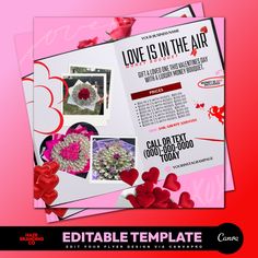 a valentine's day flyer is shown with hearts and flowers in the background,