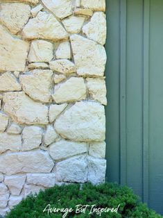 a cat sitting on the side of a building next to a green door and window