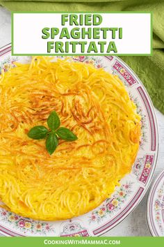 a plate with spaghetti on it and the words fried spaghetti frittata