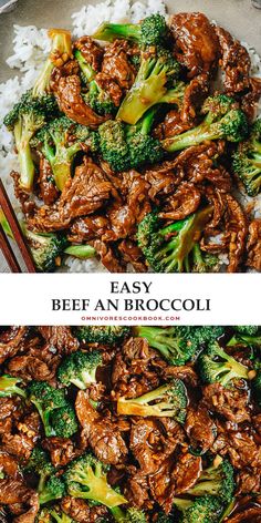 beef and broccoli stir fry on rice with chopsticks