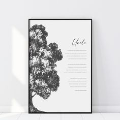 a black and white tree with the word mom written in cursive writing on it