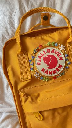 Yellow Kanken Backpack, Embroidery On Kanken, Fjallraven Kanken Embroidered Diy, Embroided Backpacks, Fjallraven Kanken Backpack Embroidered, Embroidered Kanken Backpack, Embroidery Kanken Bag, Embroidery Fjallraven Kanken, Embroidered Fjallraven Kanken