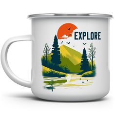 Explore Camp Mug - Loftipop Campfire Coffee, Nature Camping, Camp Mug, Steel Rims, Camping Mug, Enamel Mug, Explore Nature, Nature Inspired Design, 70s Retro