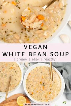 vegan white bean soup in bowls with spoons