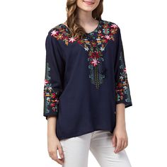 Raj Dahlia Tunic This elegant tunic is ready to make a statement with detailed floral embroidery and beautiful tassels to add on-trend interest. Pair with your favorite jeans and you're ready to go! Plus Size Tunic, Cowl Neck Tunic, Fancy Tops, Knit Tunic, Pullover Designs, Beautiful Embroidery, Ready To Go, White Style, Favorite Jeans