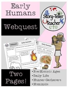 two page worksheet for the early humans and their webquests, with text