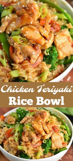 chicken teriyaki rice bowl with broccoli and carrots