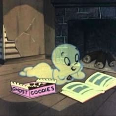 an animated ghost reading a book in front of a fireplace