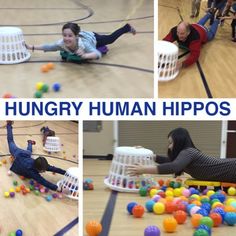 several images of children playing with plastic balls and toys on the floor in an indoor gym