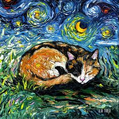 a painting of a cat sleeping on top of a grass covered field with stars in the background