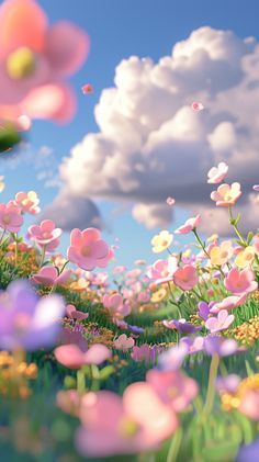 a field full of pink and yellow flowers under a blue sky with clouds in the background