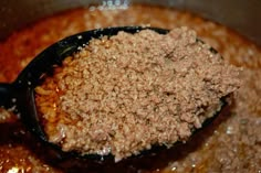 a spoon full of ground meat in a pot