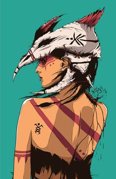 a drawing of a native american woman with feathers on her head