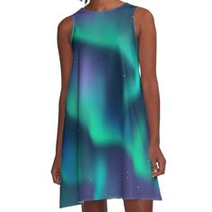 Loose-fit, mid-length sleeveless dress with silky handfeel. Printed on both sides. Machine washable. Size range XS-2XL. A drawing of green and purple northern lights in a starry sky. Aurora Borealis Costume, Northern Lights Dress, Aurora Borealis Dress, Northern Lights Clothing, Purple Northern Lights, Dress Illustration, Aurora Borealis Northern Lights, Light Dress, Costumes For Sale