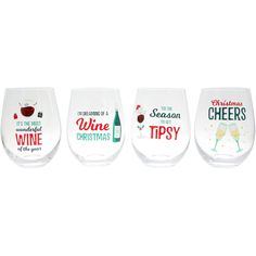 three wine glasses with different sayings on them