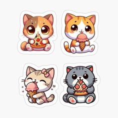 four stickers with cats eating ice cream, pizza and cat sitting on the floor