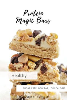 three bars stacked on top of each other with the words protein magic bars above them