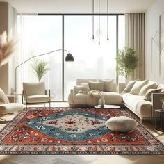 a living room filled with furniture and a large rug